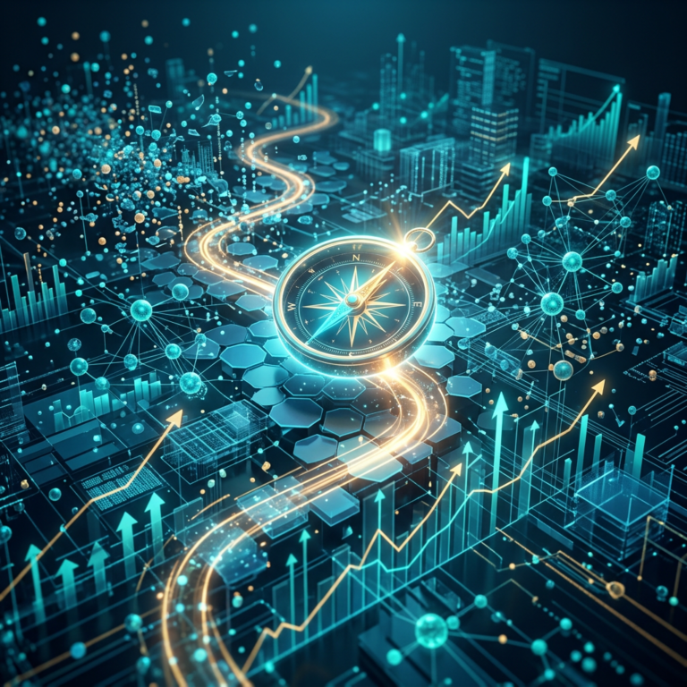 Glowing compass surrounded by rising charts, data networks, and upward arrows