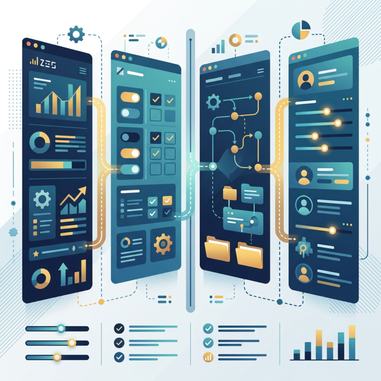 Abstract software comparison board with interface panels