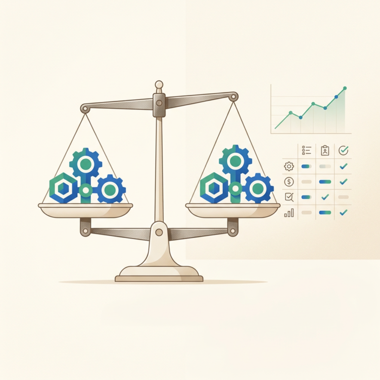 Balanced scale holding gears beside a growth chart and checklist