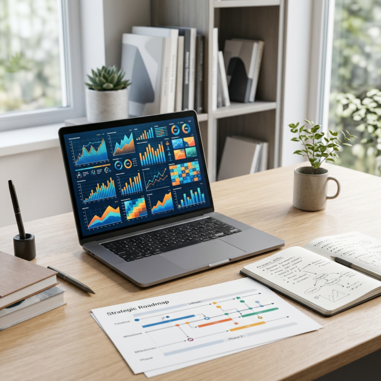 Laptop showing analytics dashboards beside strategic roadmap and planning notes