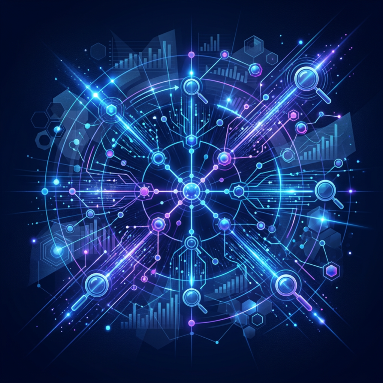 Glowing digital network with analytics charts and magnifying glass icons