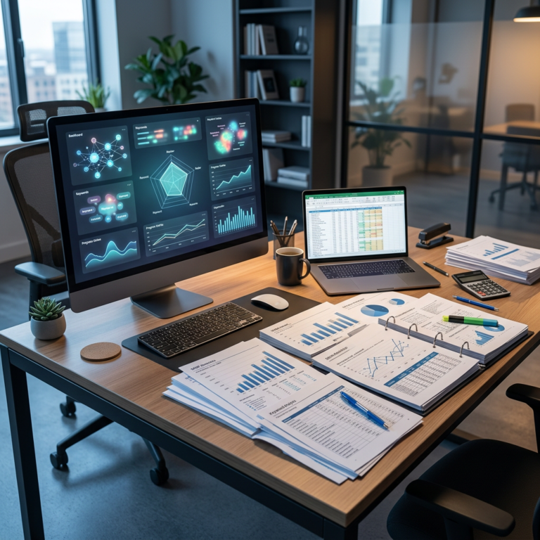 Office desk with data dashboards, laptop spreadsheet, charts, and reports