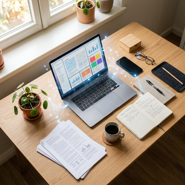 Laptop displaying design layouts on a sunlit desk with notes and coffee
